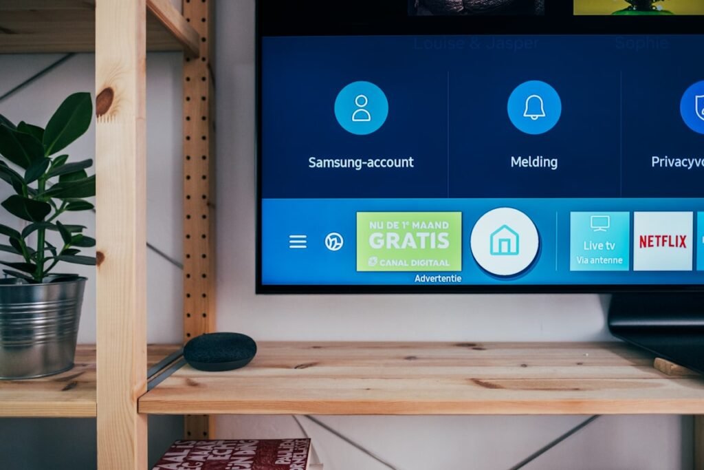 Wall-mounted television showing a streaming app interface